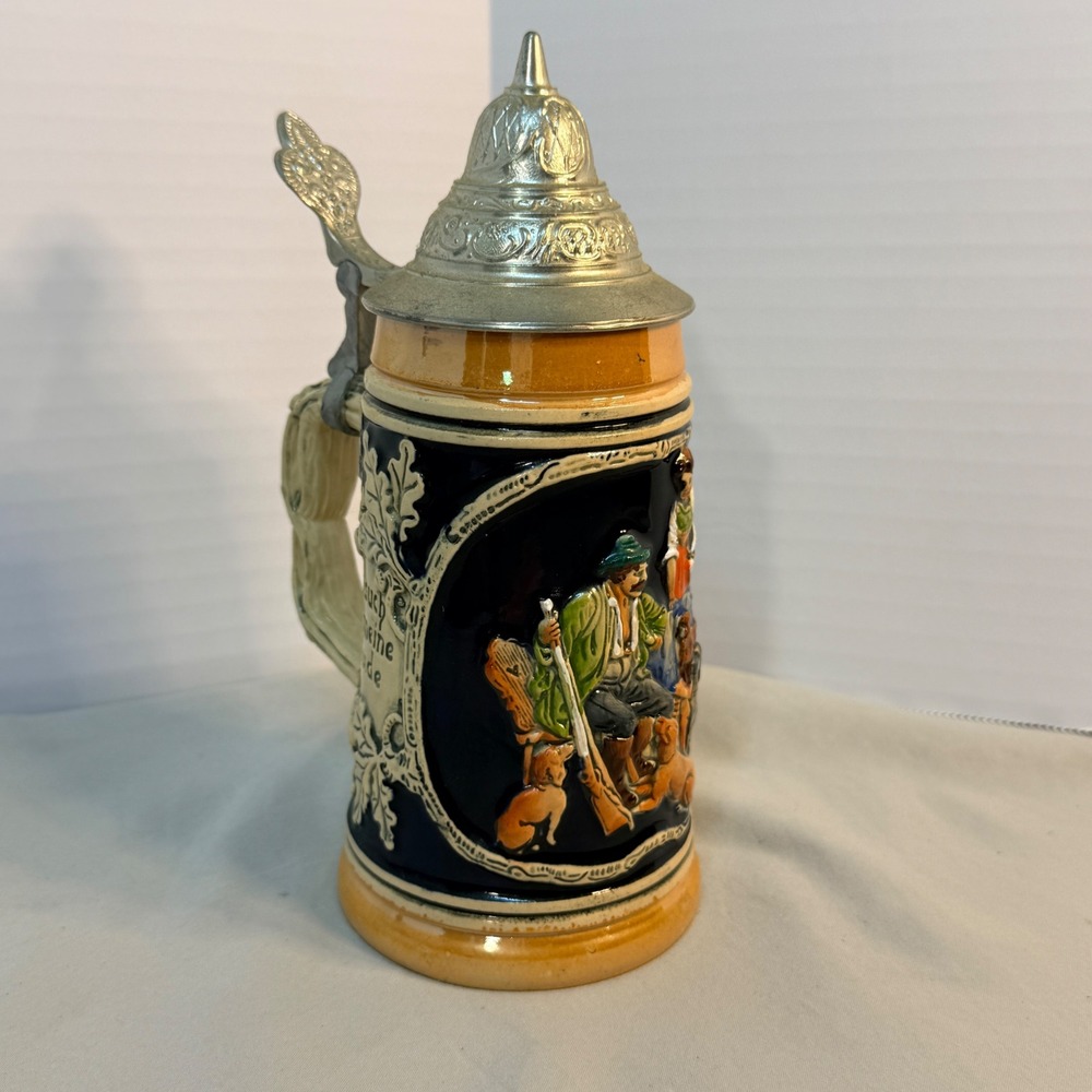 Vintage German Beer Stein Lidded Ceramic Hunting Scene Hunter Dogs Germany 7.75"